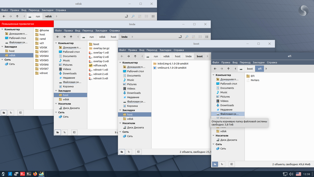 Окна файлового менеджера с каталогами vdisk, host, lmde, boot и efi